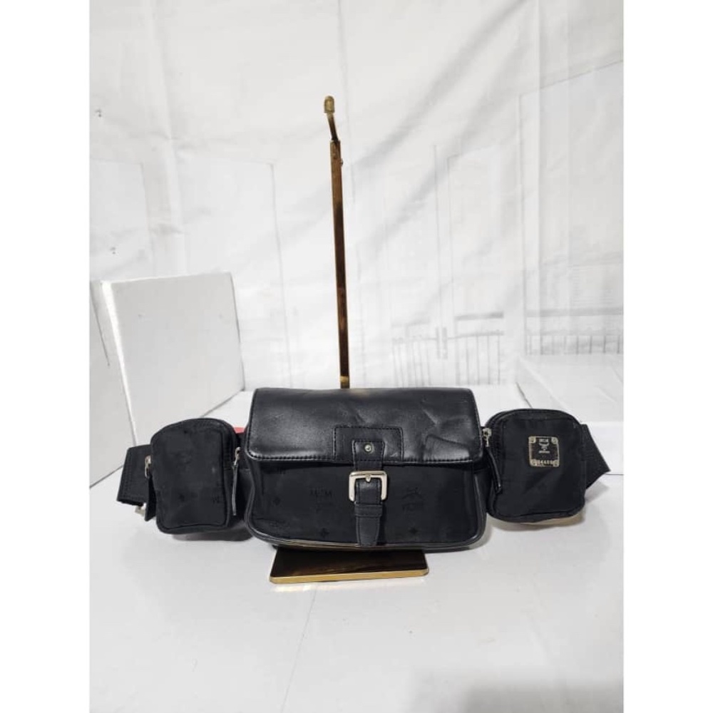 Authentic MCM Nylon and Leather Jamison Triple Pocket Waist/Bum Bag Black